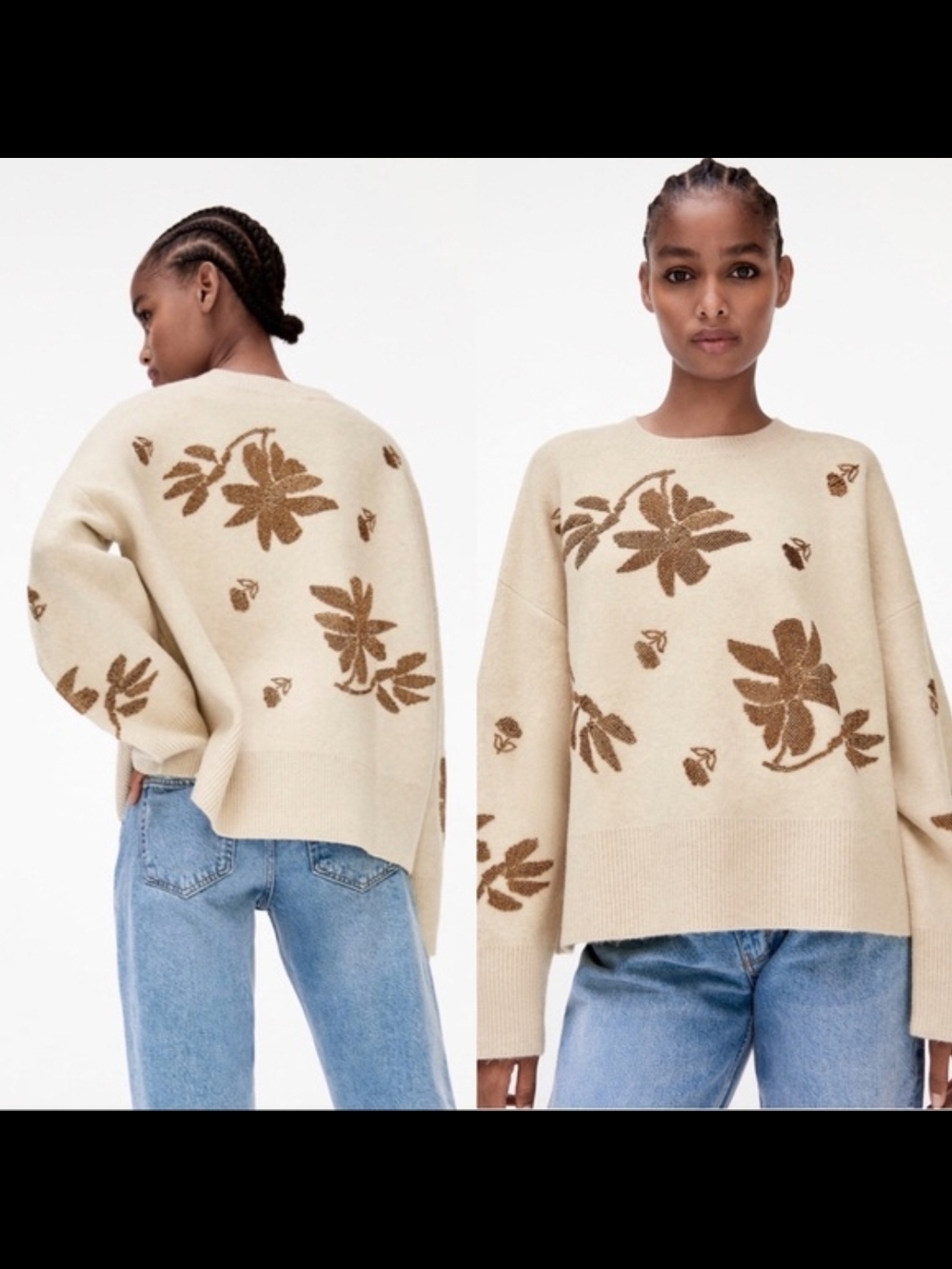 Zara Cream Sweater with Brown Floral Jacquard